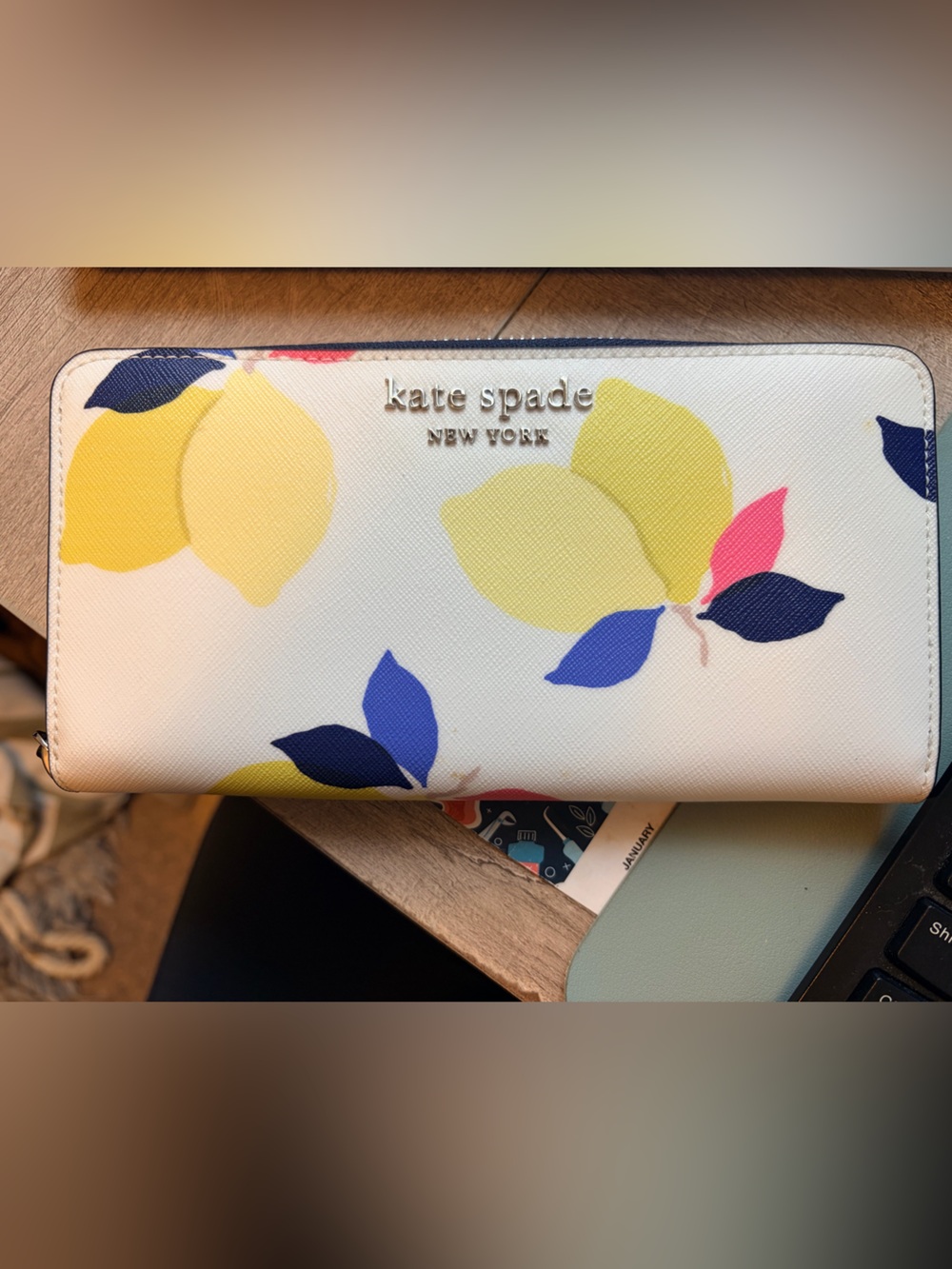 NWOT Kate Spade Cameron Lemon Zest Large Slim Bifold Wallet White Multi Saffiano